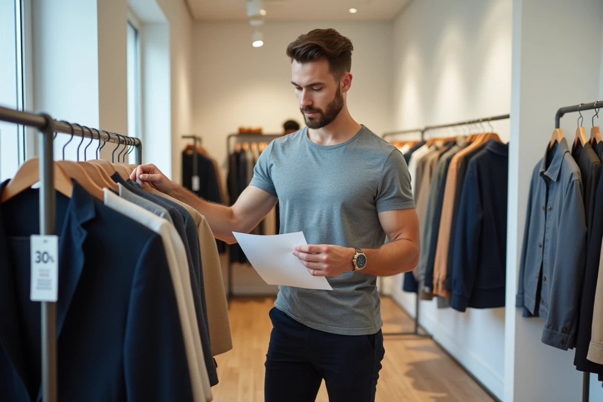 Homme consultant sa liste de courses devant un portant de vêtements soldés en boutique minimaliste