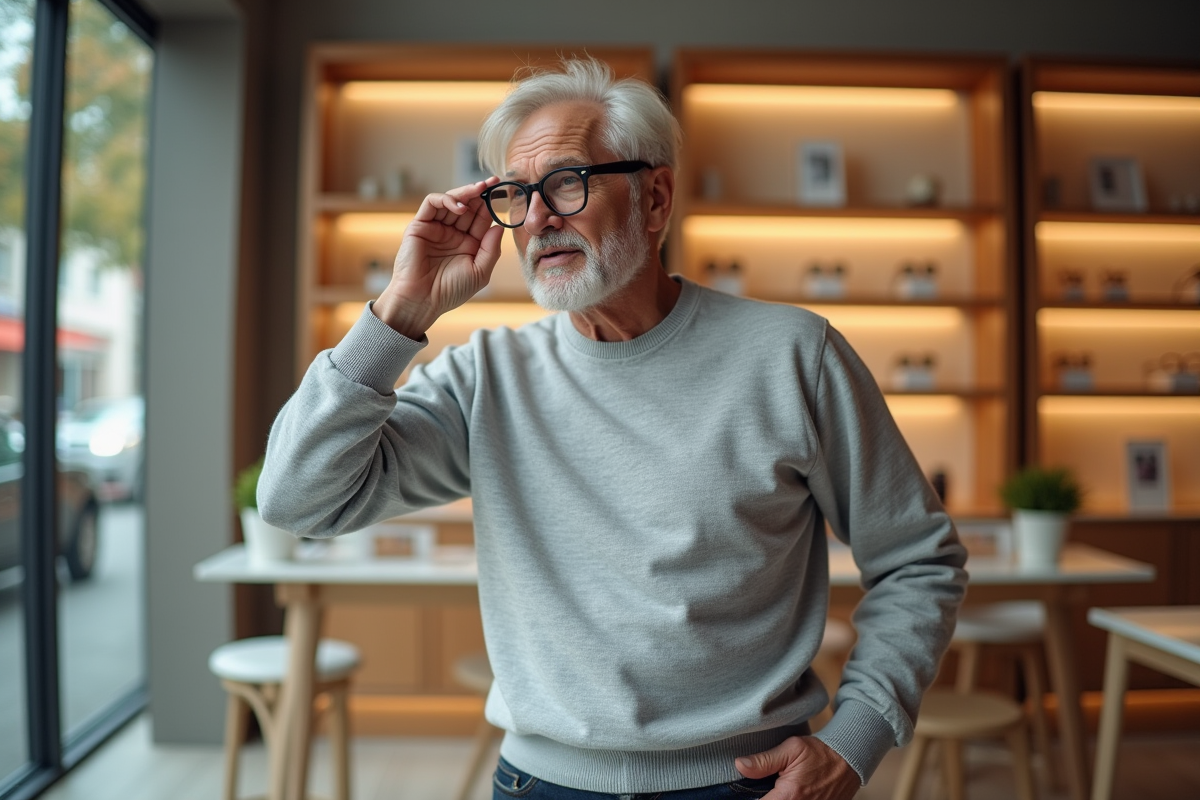 Homme essayant des lunettes rondes dans une boutique lumineuse