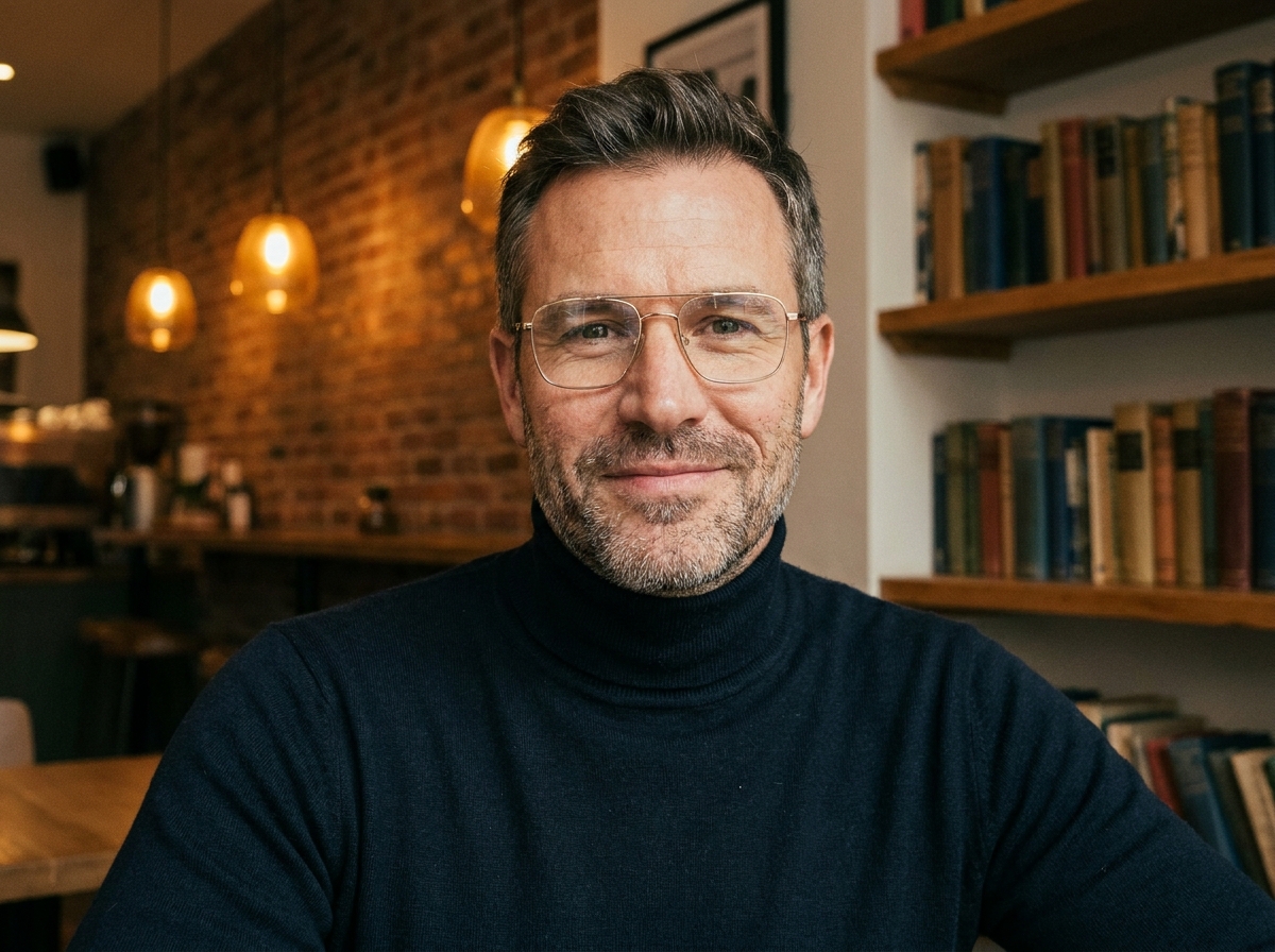 Homme aux lunettes à monture métallique dorée rectangulaire dans un café moderne, look hivernal inspiré des célébrités hollywoodiennes