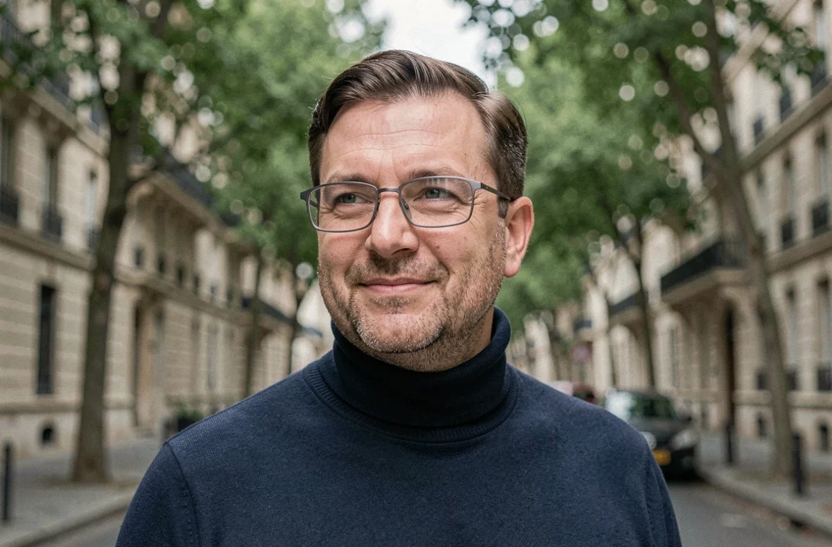 Homme portant des lunettes rectangulaires tendance 2026 adaptées à un visage rond dans une rue parisienne