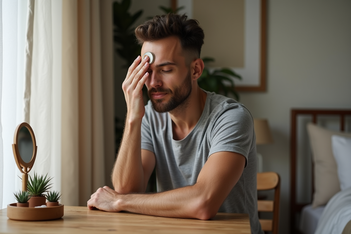 Homme massant son front avec une huile naturelle