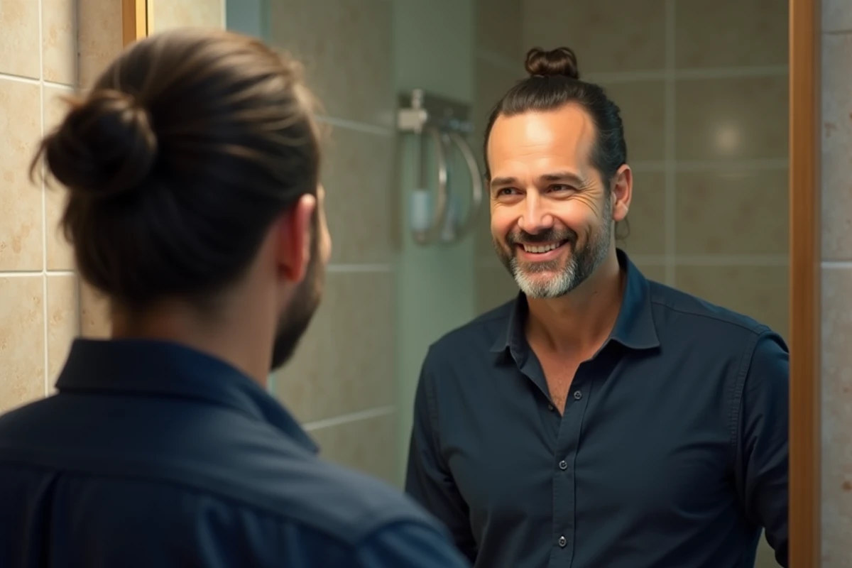 Homme regardant son reflet dans le miroir de la salle de bain