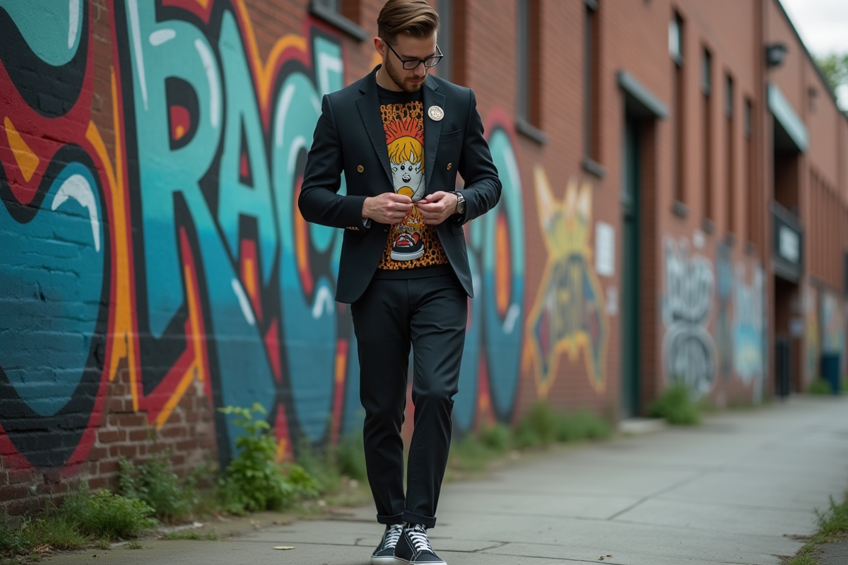 Homme stylé ajustant ses pins dans un décor urbain créatif