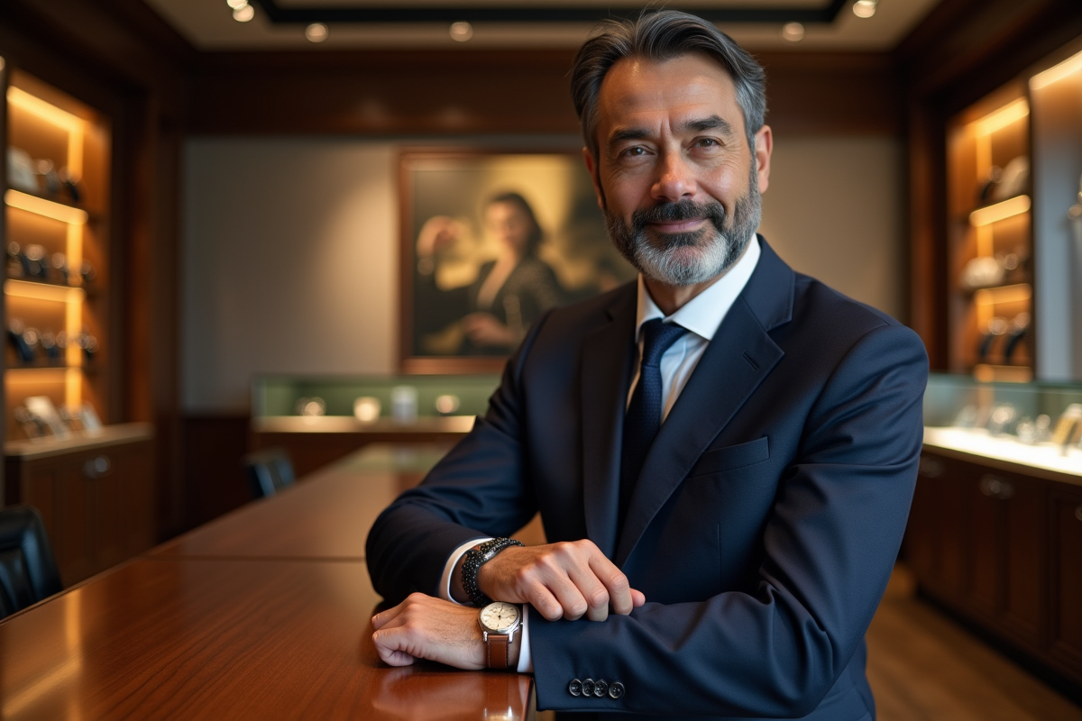Homme d'âge moyen ajustant sa montre dans une boutique élégante