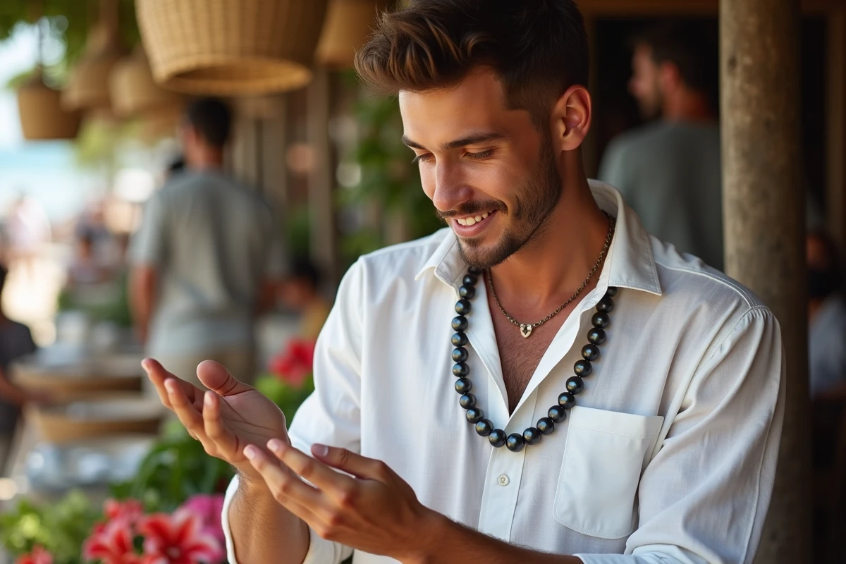 Jeune homme polynésien inspectant des perles Tahitiennes