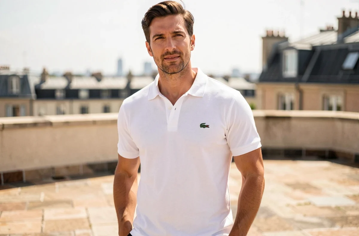 Homme portant un polo blanc Lacoste avec logo crocodile brodé sur une terrasse urbaine ensoleillée en Europe