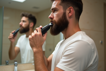 Homme avec barbe en train de se raser dans la salle de bain