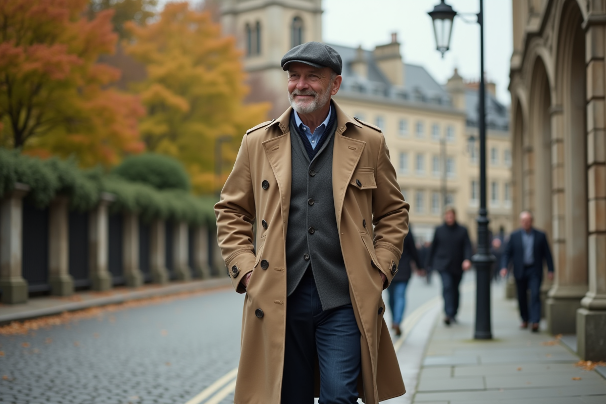 Gentleman en trench et casquette flâne dans une rue pavée