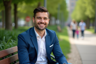 Homme souriant en blazer bleu dans un parc urbain