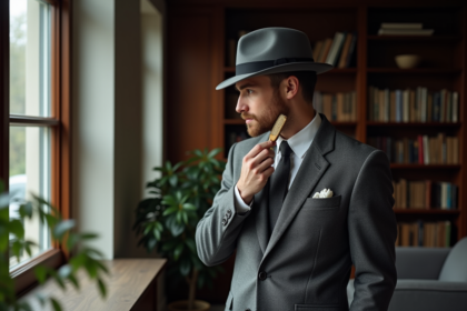 Homme élégant en costume gris et fedora regardant par la fenêtre