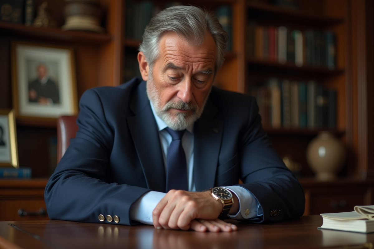 Homme d'âge moyen en costume regardant sa montre dans un bureau élégant
