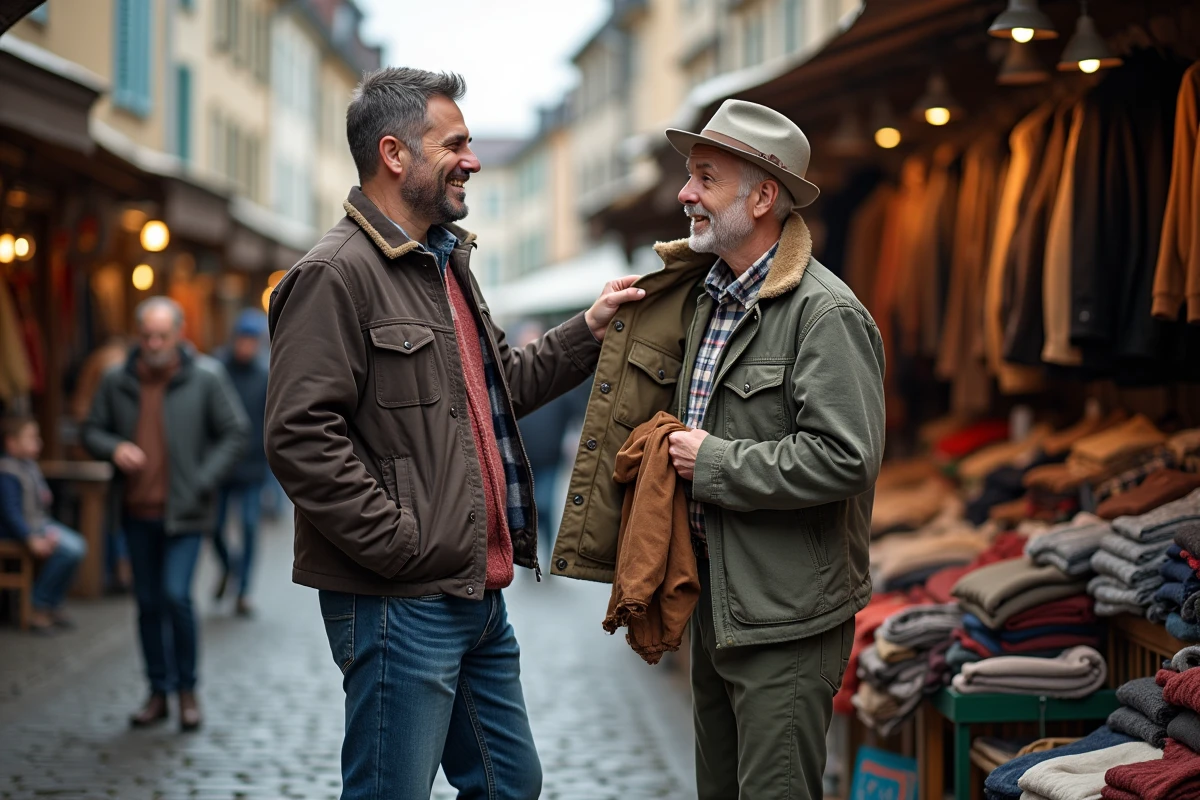 Homme avec manteau vintage au marché aux puces de Strasbourg