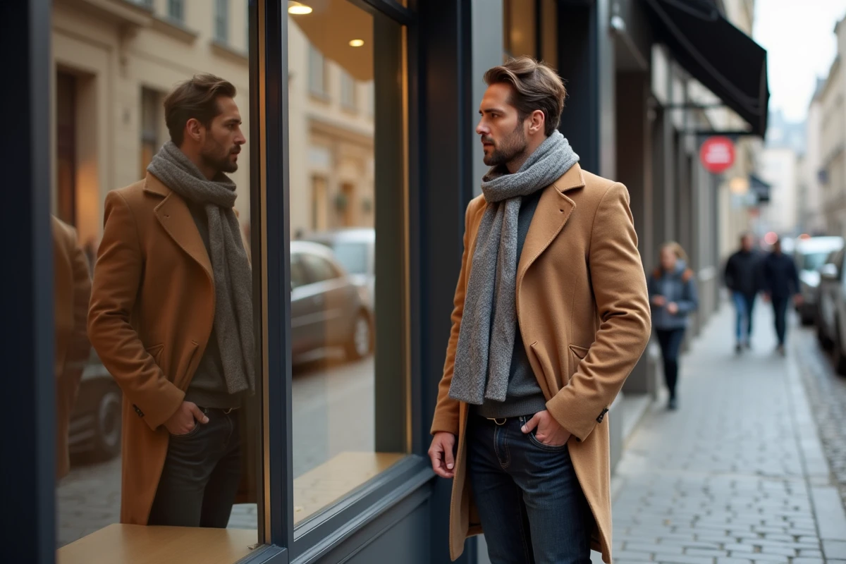 Homme en manteau camel vérifiant sa reflection en vitrine