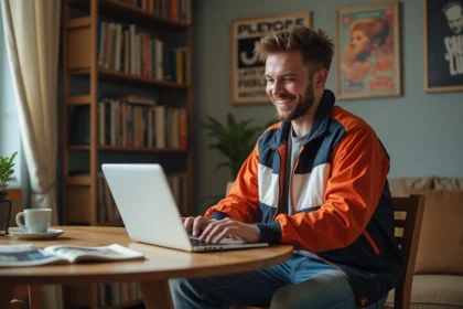 Homme souriant en veste vintage 80s et jeans en denim dans un salon rétro