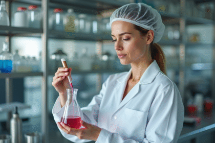 Femme en blouse blanche inspectant un mélange de rouge a levres