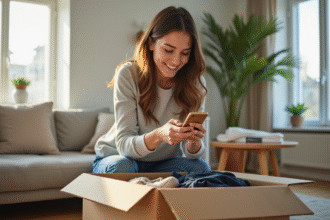 Jeune femme emballant des vêtements avec smartphone dans un salon lumineux