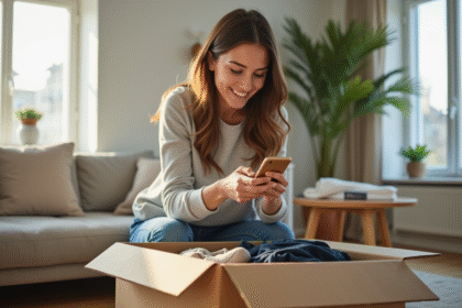 Jeune femme emballant des vêtements avec smartphone dans un salon lumineux