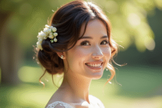 Femme souriante avec coiffure de mariage romantique