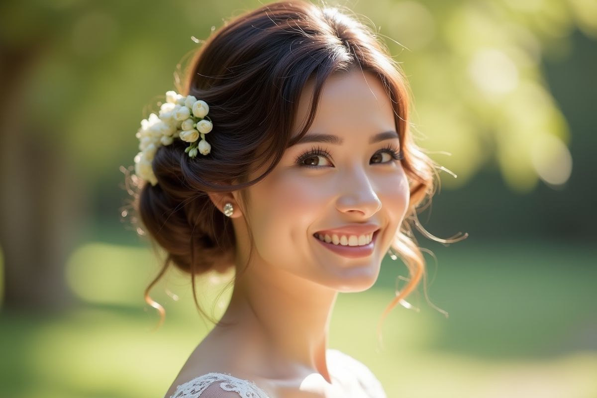 Femme souriante avec coiffure de mariage romantique