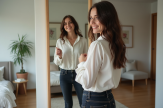 Jeune femme souriante ajustant sa blouse dans un miroir moderne