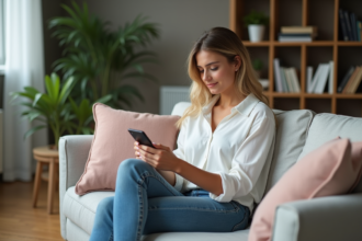 Jeune femme mode en intérieur avec smartphone et vêtements tendance