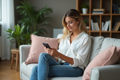 Jeune femme mode en intérieur avec smartphone et vêtements tendance