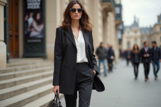 Jeune femme élégante en tailleur marche devant un lieu de mode