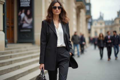 Jeune femme élégante en tailleur marche devant un lieu de mode