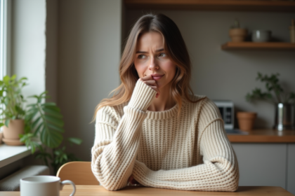 Jeune femme en pull beige touchant ses lèvres dans une cuisine chaleureuse