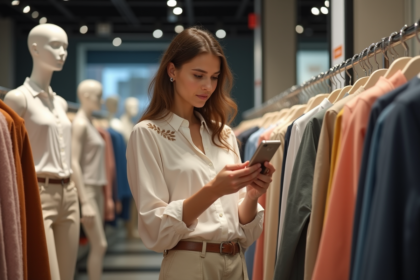 Jeune femme française examine une étiquette de prix en magasin