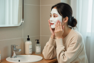Jeune femme coréenne appliquant un masque visage dans sa salle de bain