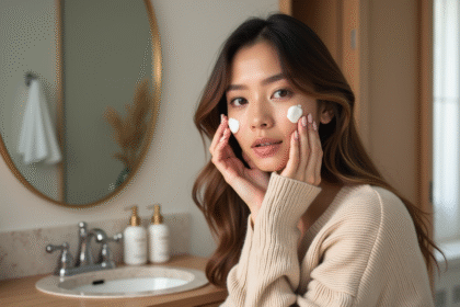 Jeune femme appliquant une creme visage dans sa salle de bain
