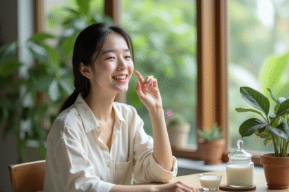 Jeune femme asiatique appliquant une creme visage naturelle