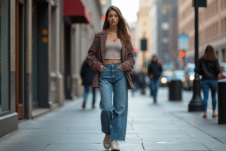 Jeune femme en streetwear dans une ville animée