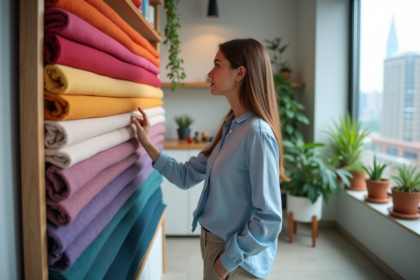 Jeune femme examine des échantillons de tissus colorés dans un studio moderne