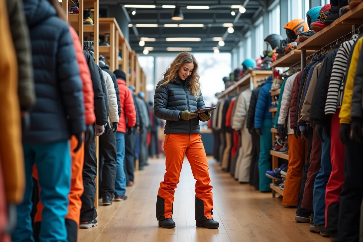 Jeune femme examinant des pantalons de ski dans un magasin lumineux