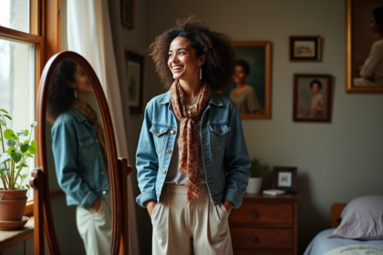 Jeune femme style vintage se maquillant dans une chambre chaleureuse