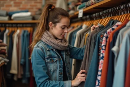 Jeune femme en vintage dans une friperie strasbourgeoise