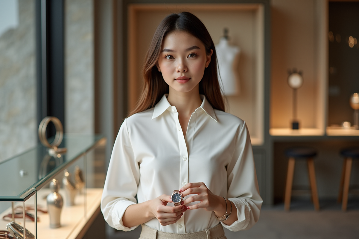 Jeune femme observant une montre vintage dans une boutique moderne