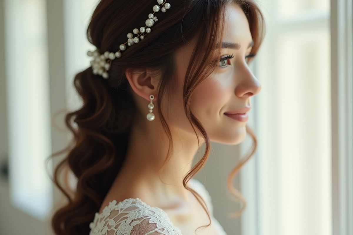 Mariée avec coiffure mi-attachée élégante et accessoires
