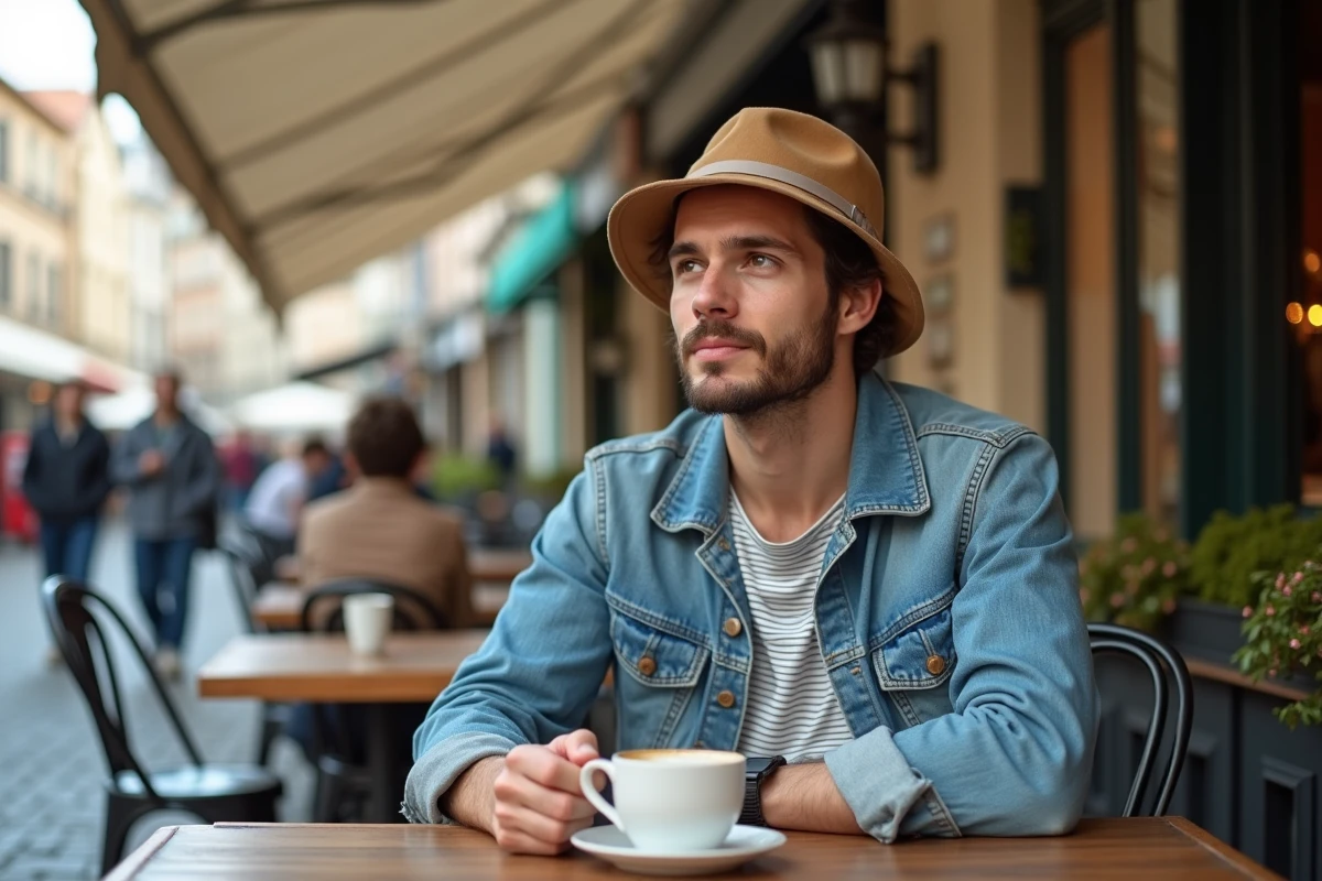 Jeune homme avec bonnet en terrasse de café en ville