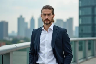 Jeune homme en costume sur un toit urbain avec vue sur la ville