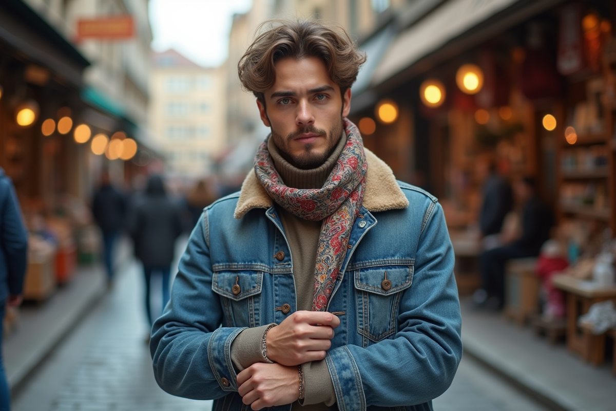 Jeune homme portant un foulard vintage dans une rue animée