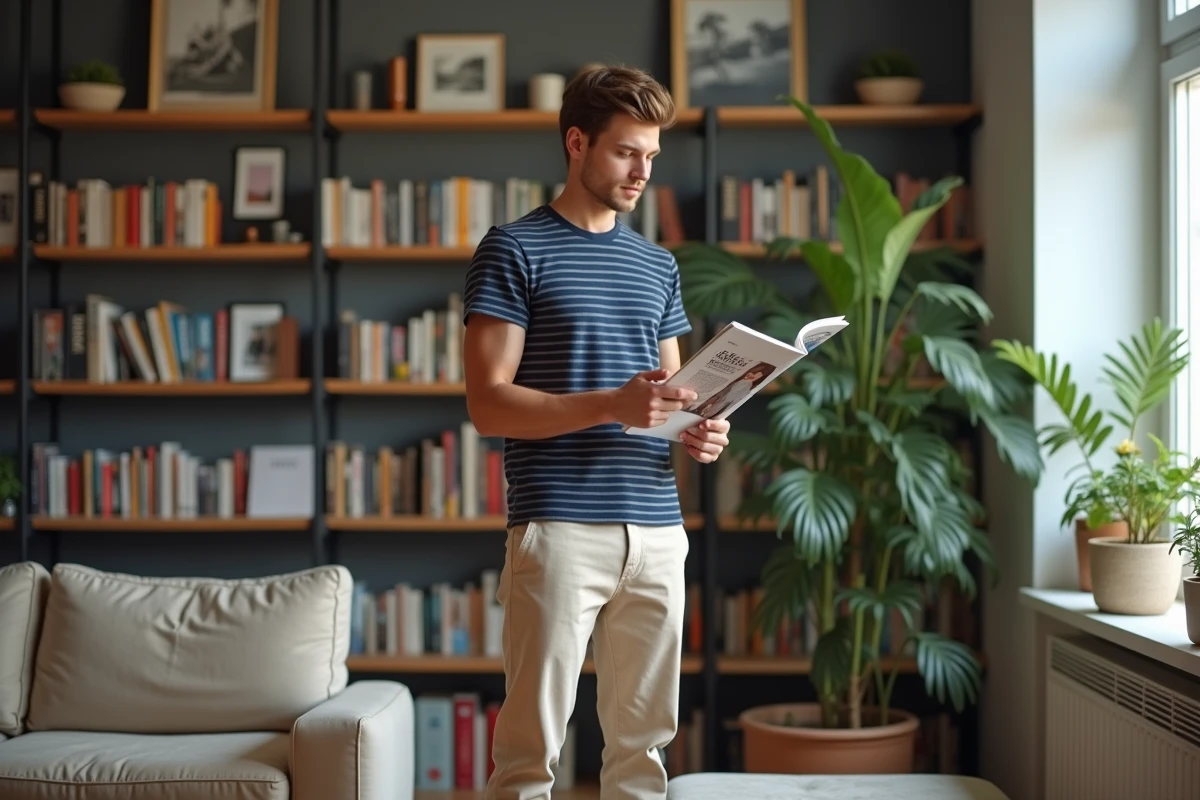 Jeune homme lisant un magazine dans un salon