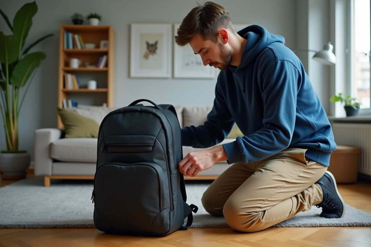 Jeune homme mesure un sac à dos noir dans le salon
