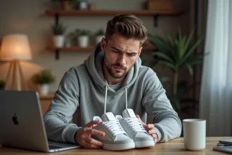 Jeune homme examine le logo d'une sneakers en intérieur