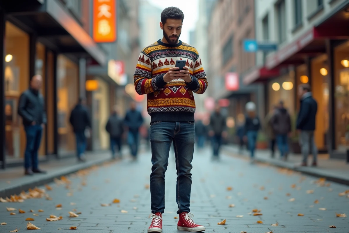 Jeune homme confiant en pull graphique 80s dans une rue urbaine animée