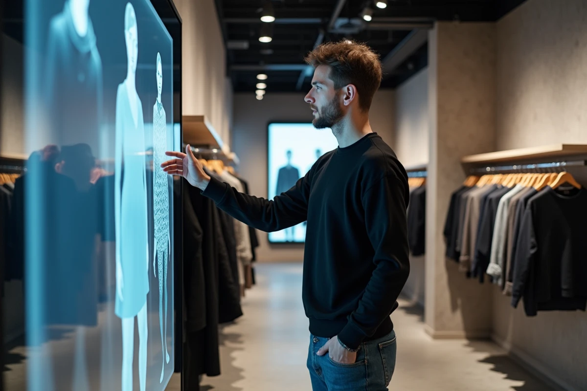 Jeune homme examinant des echantillons de vetements virtuels en magasin