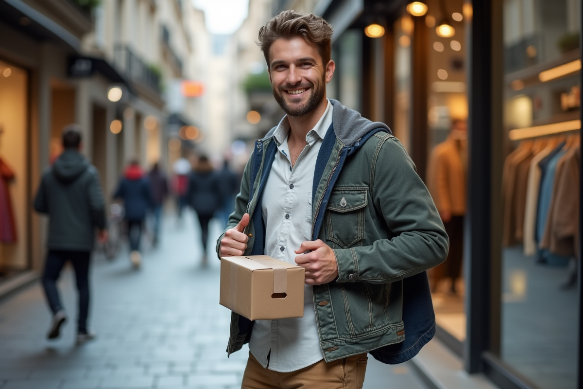 Jeune homme souriant avec veste achetée dans une rue urbaine