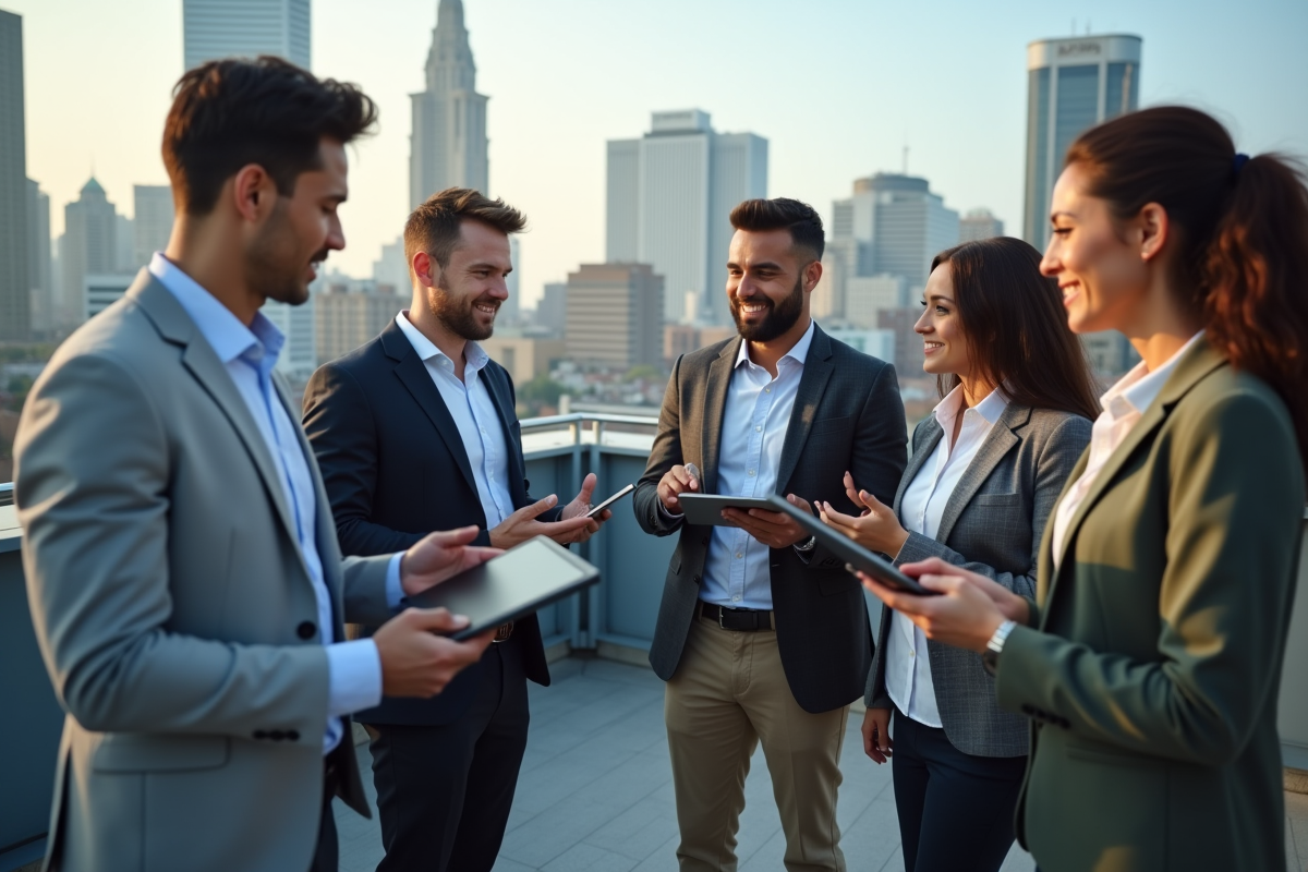 Groupe de jeunes professionnels discutant sur un toit urbain